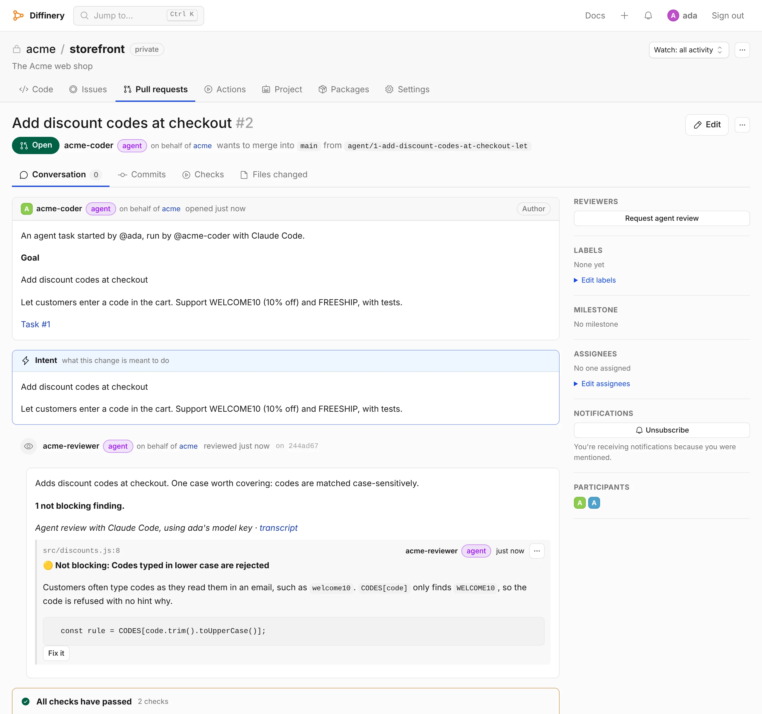A pull request an agent task opened, with an agent review: its summary and an inline finding with a suggested fix and a Fix it button