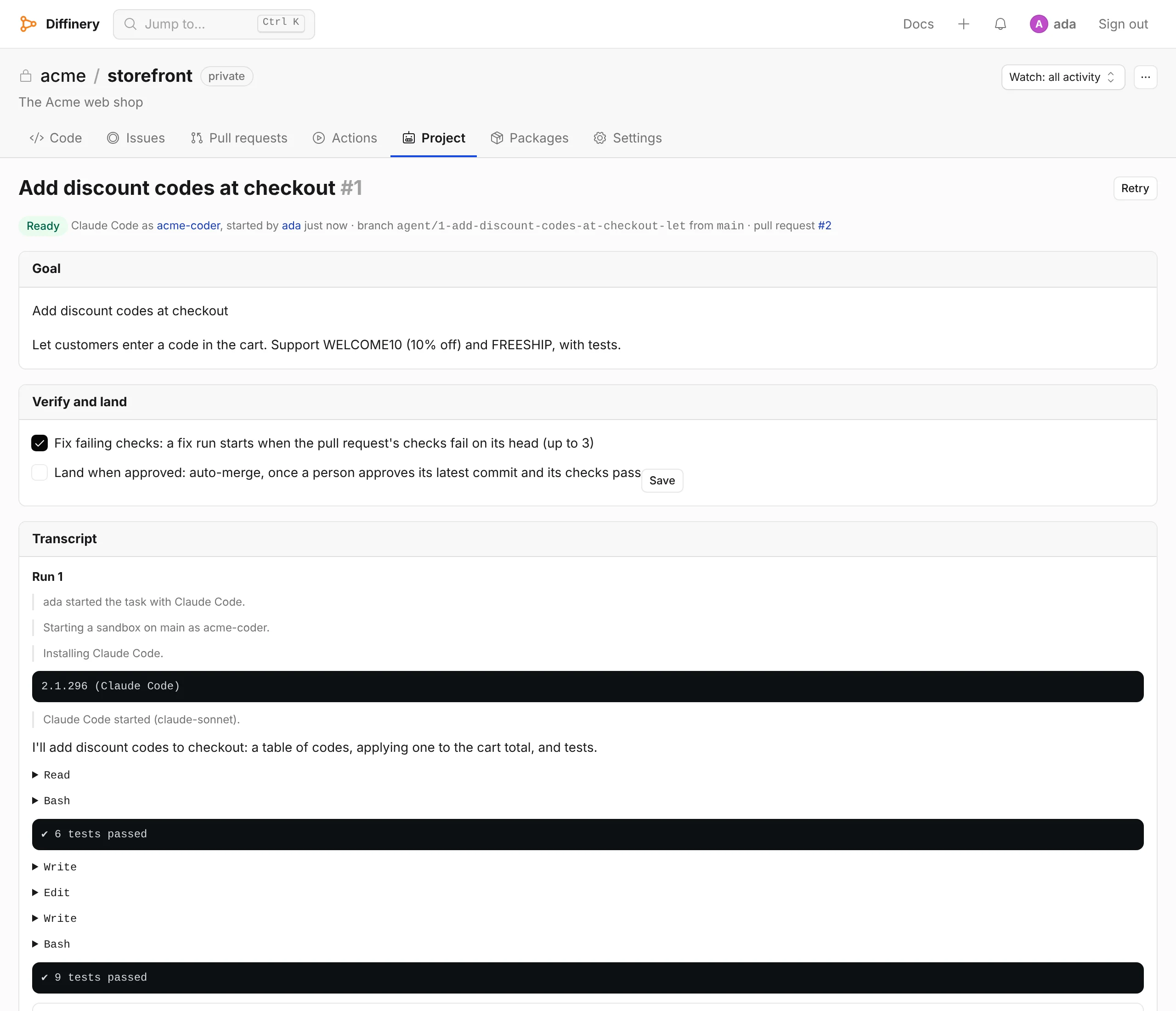 An agent task on Diffinery: the goal, Claude Code running as the acme-coder agent, its transcript with file edits and test runs, and the pull request it opened