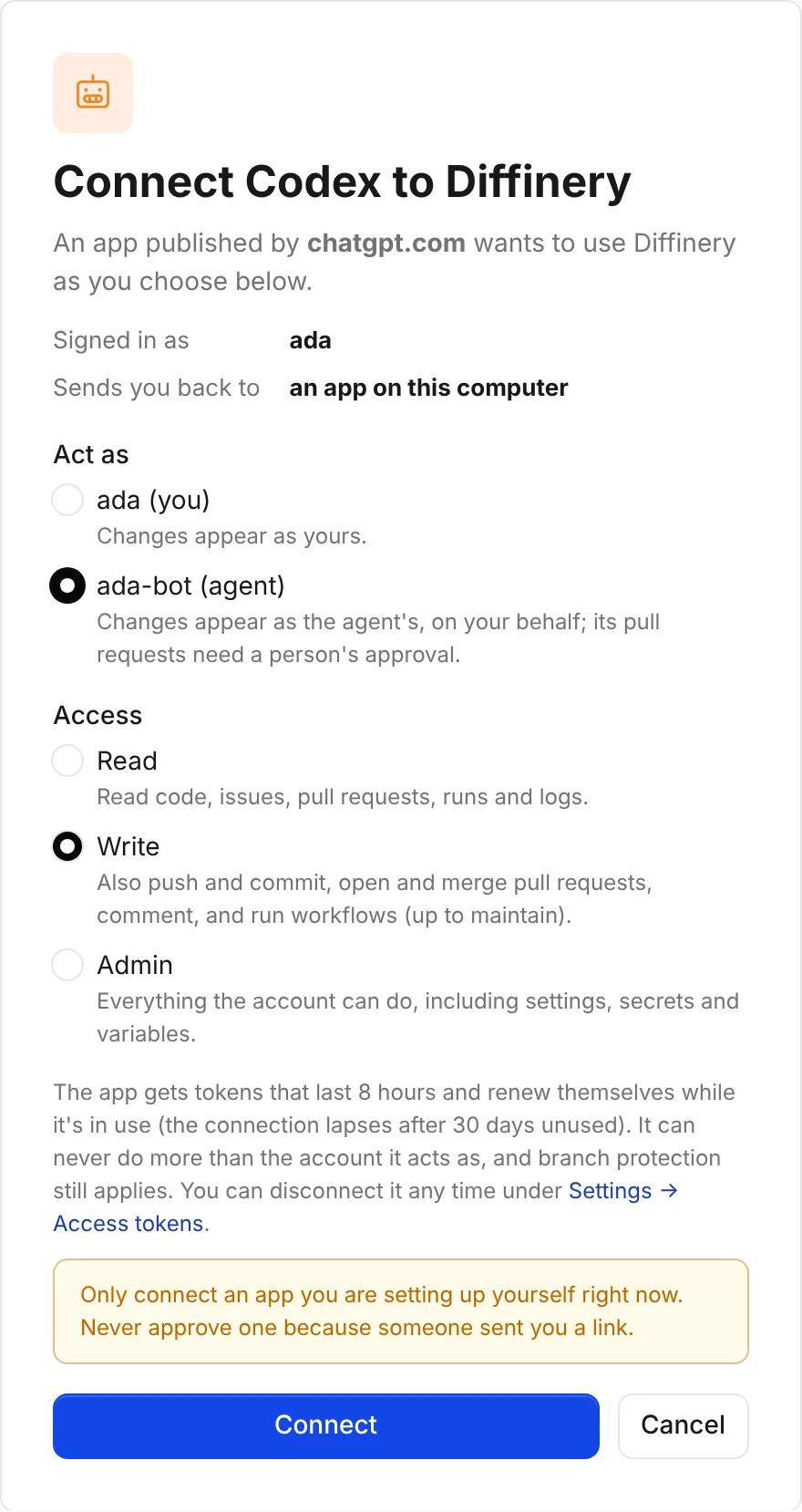 Diffinery's consent page for Codex: "Connect Codex to Diffinery", an app published by chatgpt.com that sends you back to an app on this computer, with Act as set to the agent ada-bot and Write access selected.