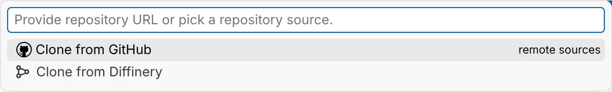 VS Code's clone picker: "Provide repository URL or pick a repository source", with Clone from Diffinery listed under remote sources.