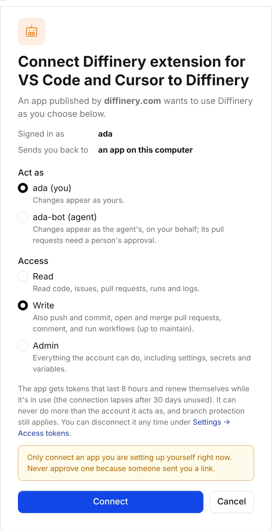 Diffinery's consent page for the editor extension: "Connect Diffinery extension for VS Code and Cursor to Diffinery", an app published by diffinery.com that sends you back to an app on this computer, with Act as set to you and Write access selected.