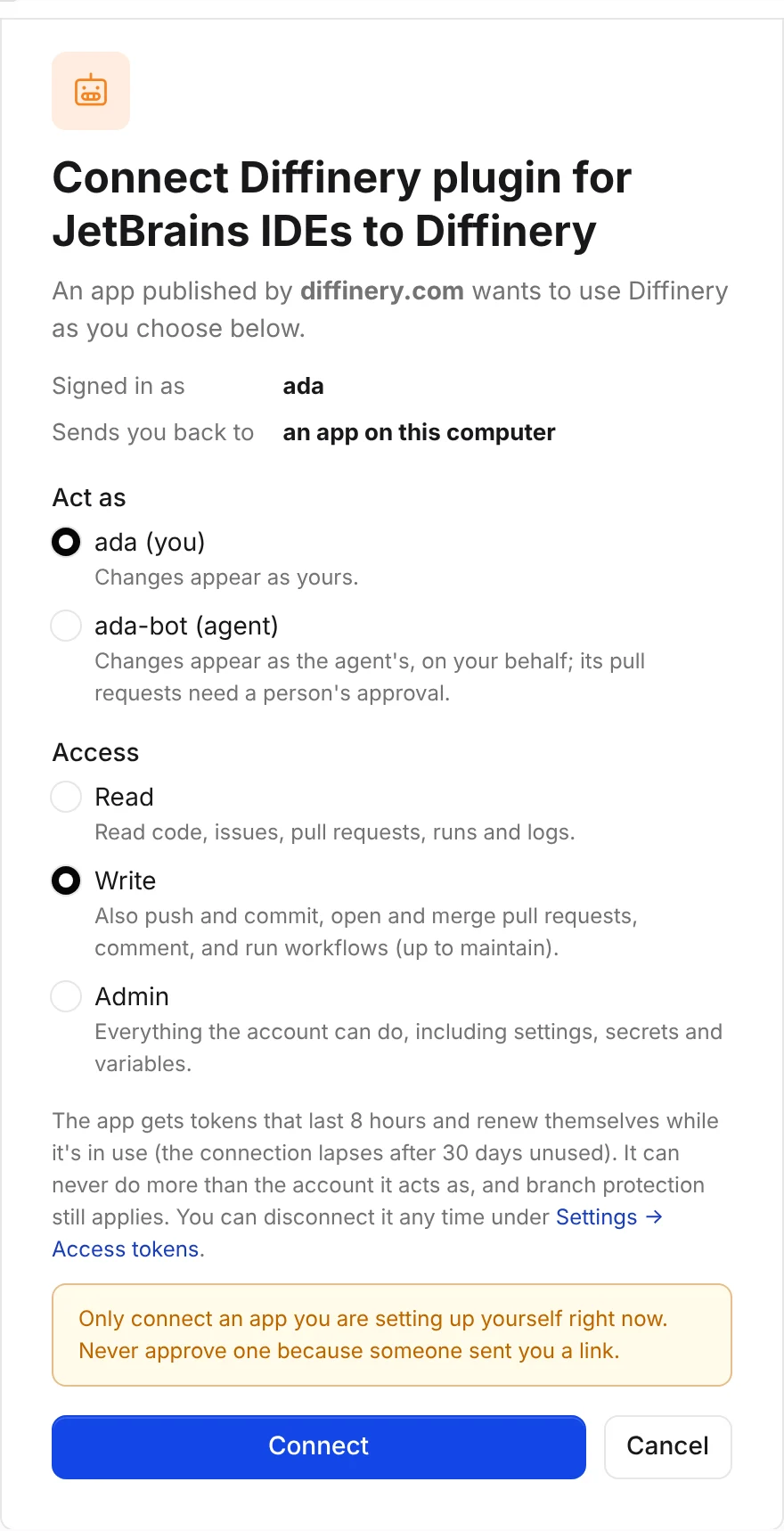 Diffinery's consent page for the JetBrains plugin: "Connect Diffinery plugin for JetBrains IDEs to Diffinery", an app published by diffinery.com that sends you back to an app on this computer, with Act as set to you and Write access selected.
