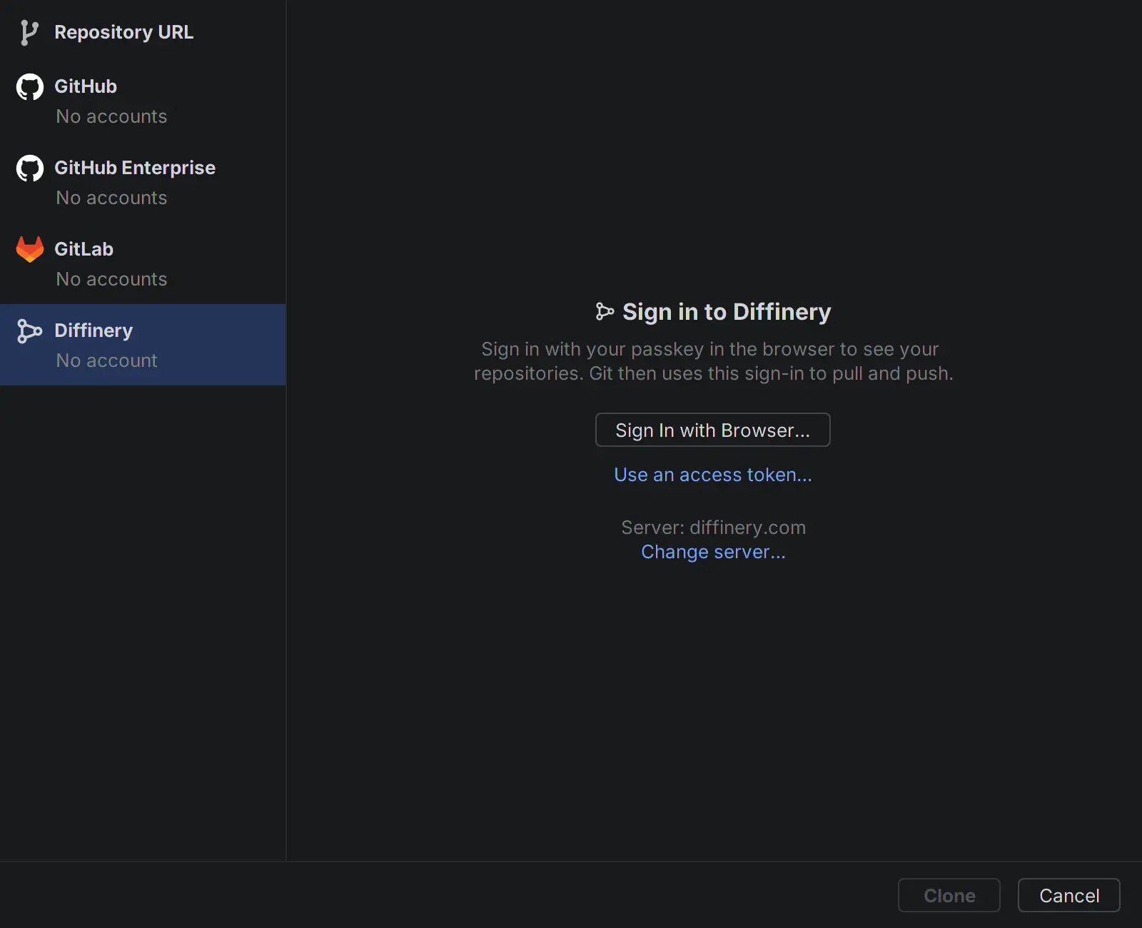 Get from Version Control in IntelliJ IDEA with Diffinery listed under GitHub, GitHub Enterprise and GitLab, showing "Sign in to Diffinery" with a Sign In with Browser button.