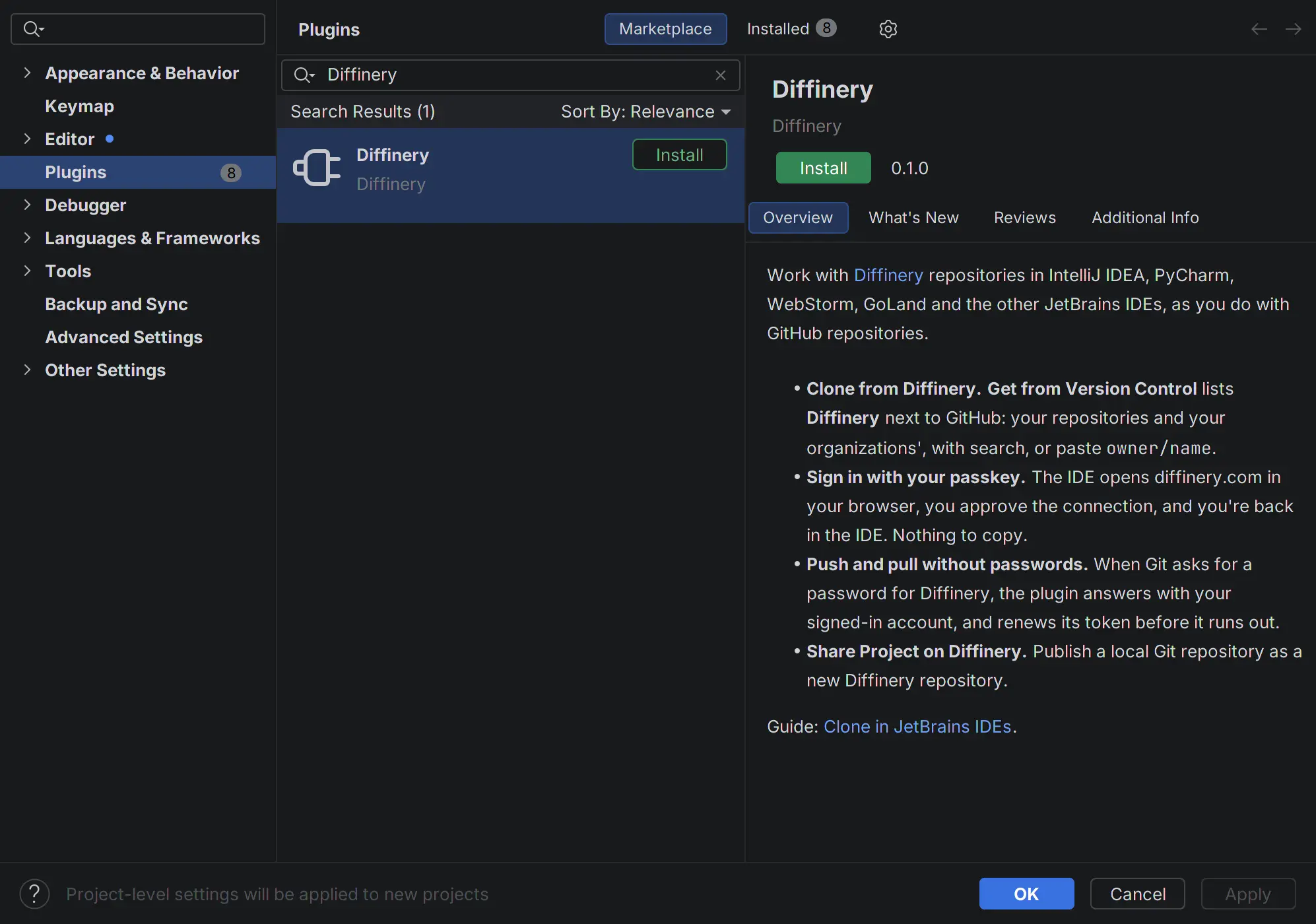 The Plugins page of IntelliJ IDEA's Settings, with Diffinery found on the Marketplace tab and its Install button.
