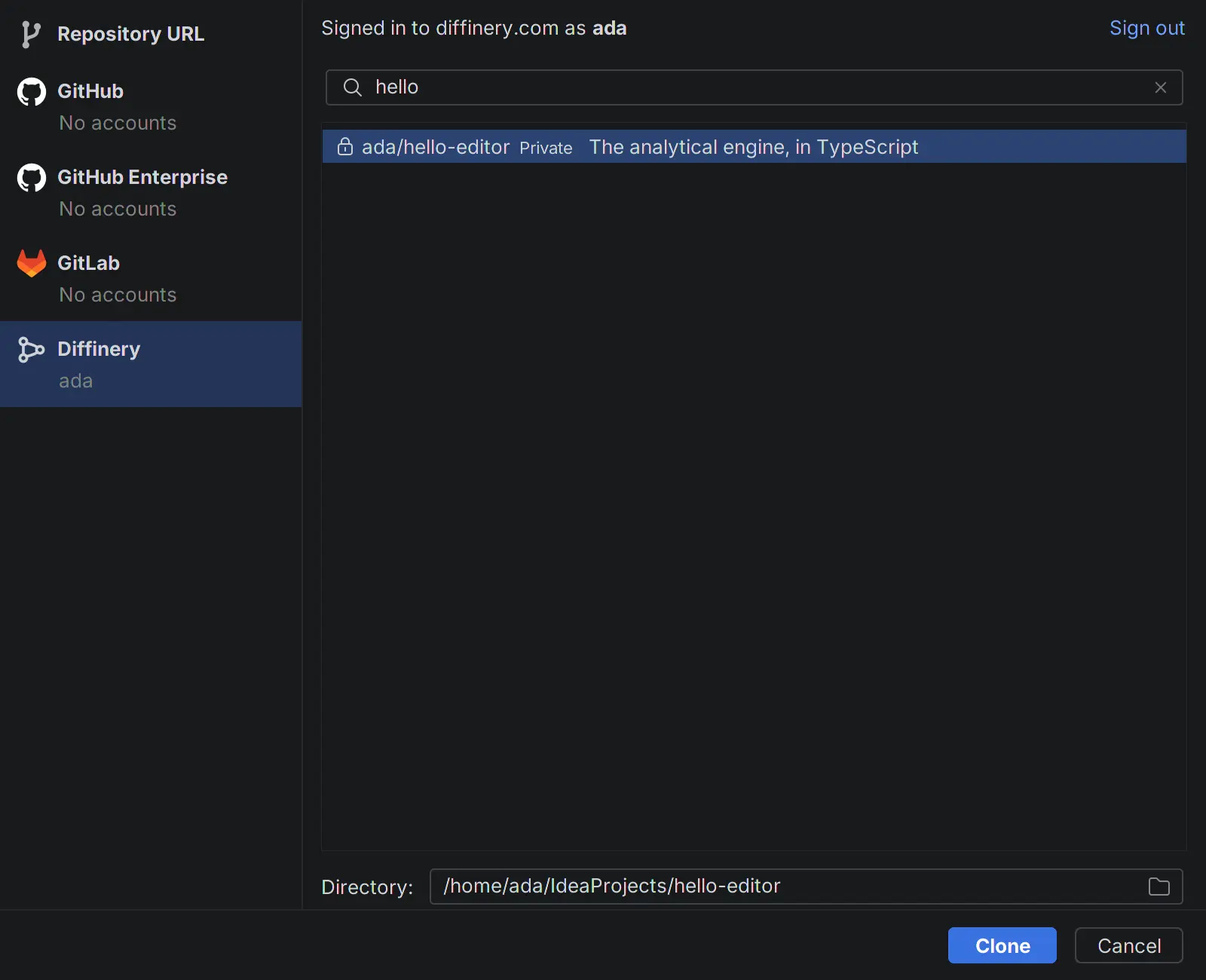 The Diffinery page of Get from Version Control, signed in to diffinery.com as ada, with a search for "hello" finding the private repository ada/hello-editor and the directory it clones into.