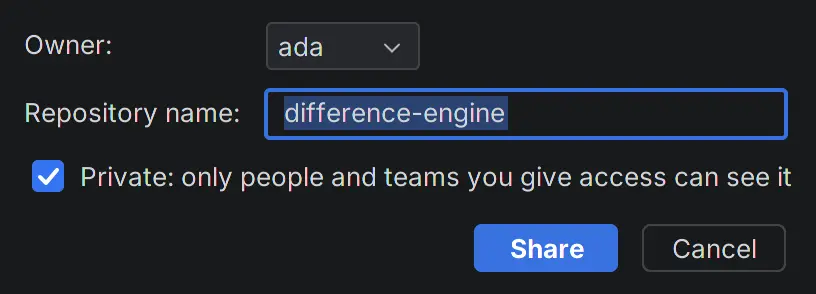 The Share Project on Diffinery dialog: owner ada, repository name difference-engine, and Private ticked.
