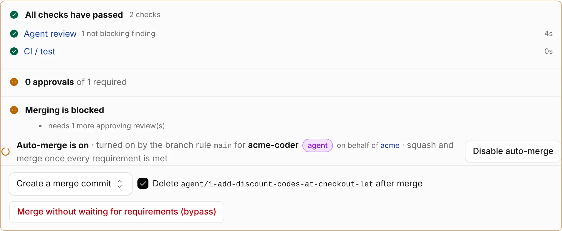 The merge box of an agent's pull request on Diffinery: its required check passed and auto-merge is on, waiting for a person's approval