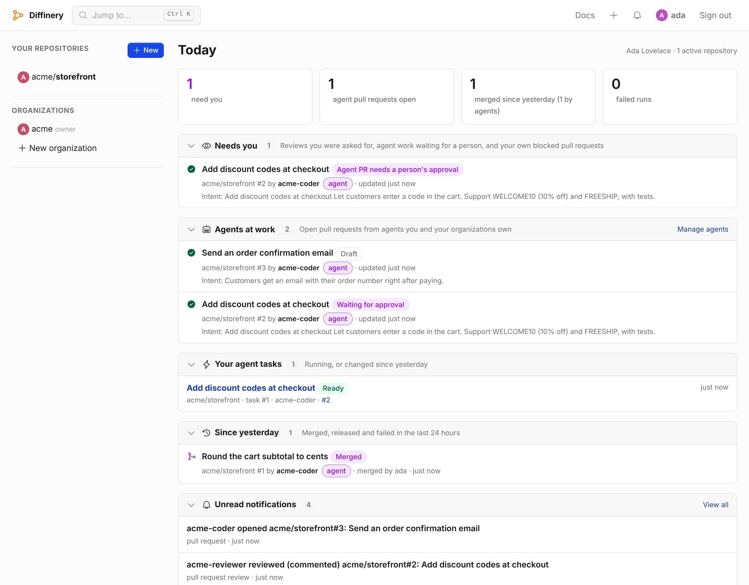 The Today page on Diffinery: what needs you, the agent pull requests at work, your agent tasks and what changed since yesterday